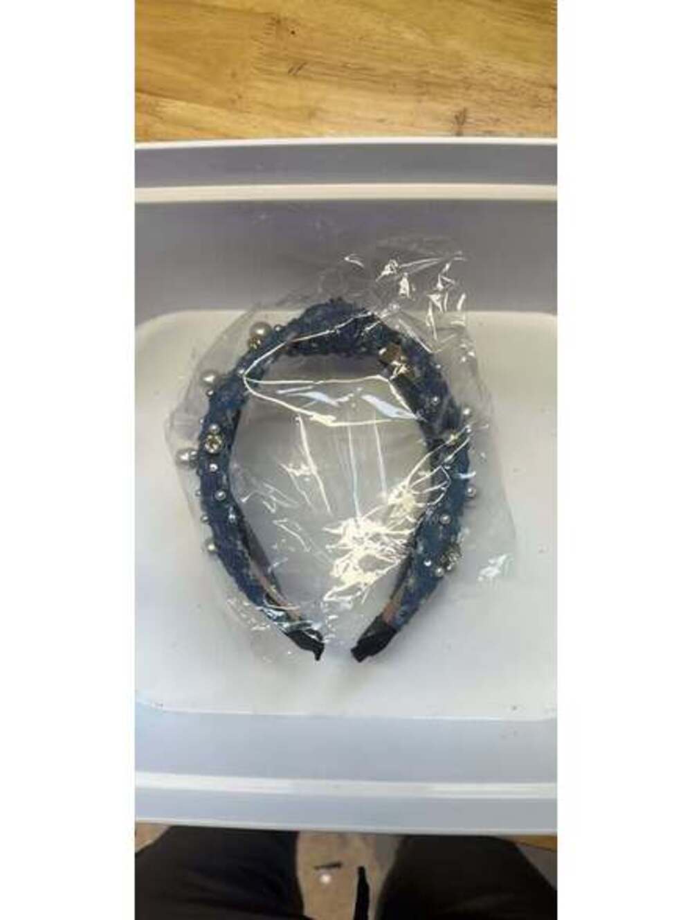 Denim Headband with Pearls and Rhinestones